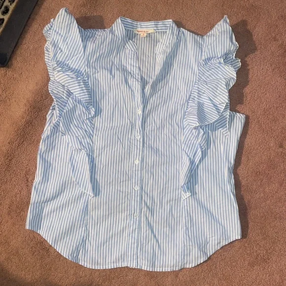 Blue Stripe Button Up Tank Top with Ruffle Shoulder - Picture 2 of 6